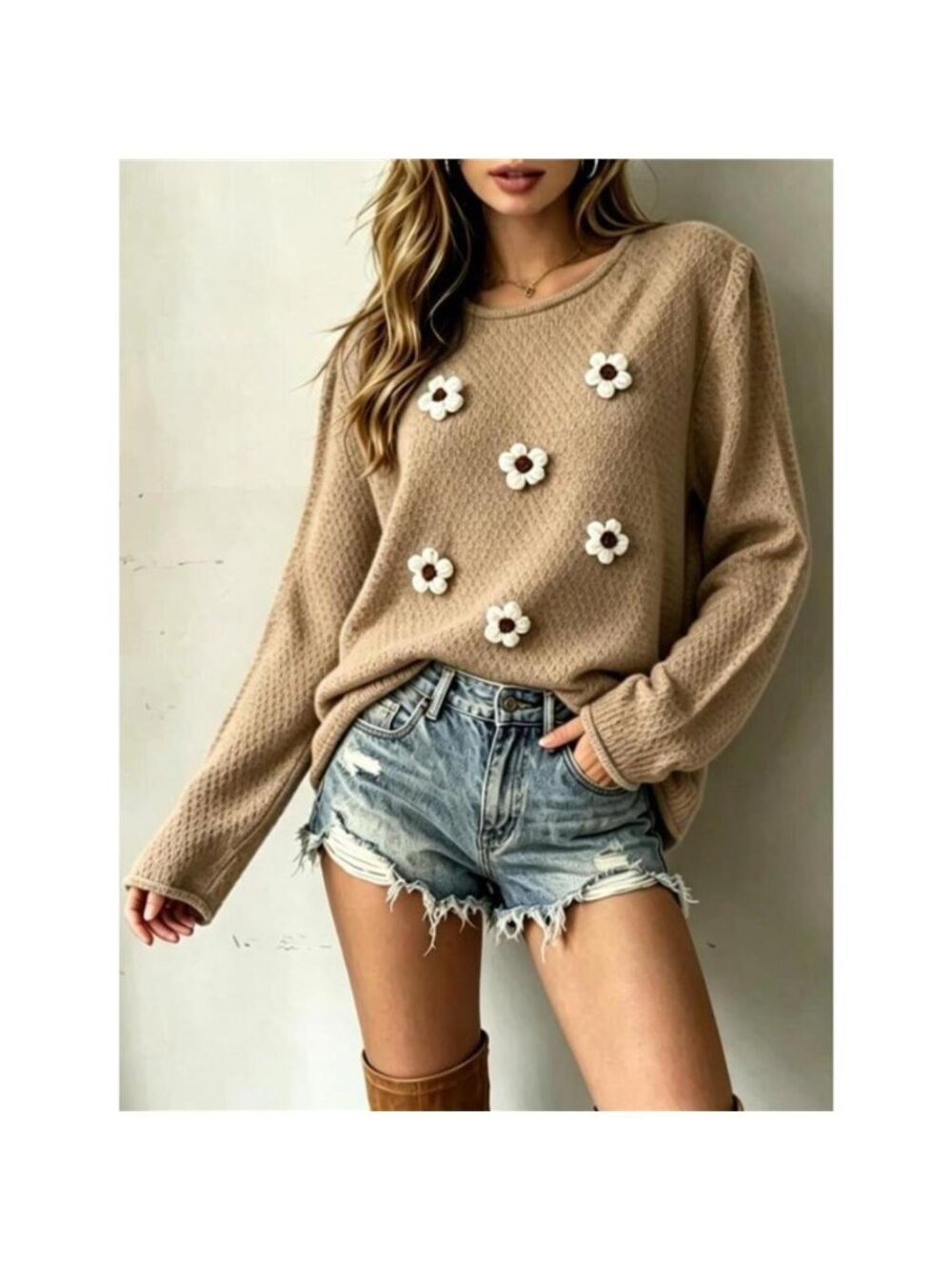 Full Size Floral Applique Textured Knit Sweater Plus Size